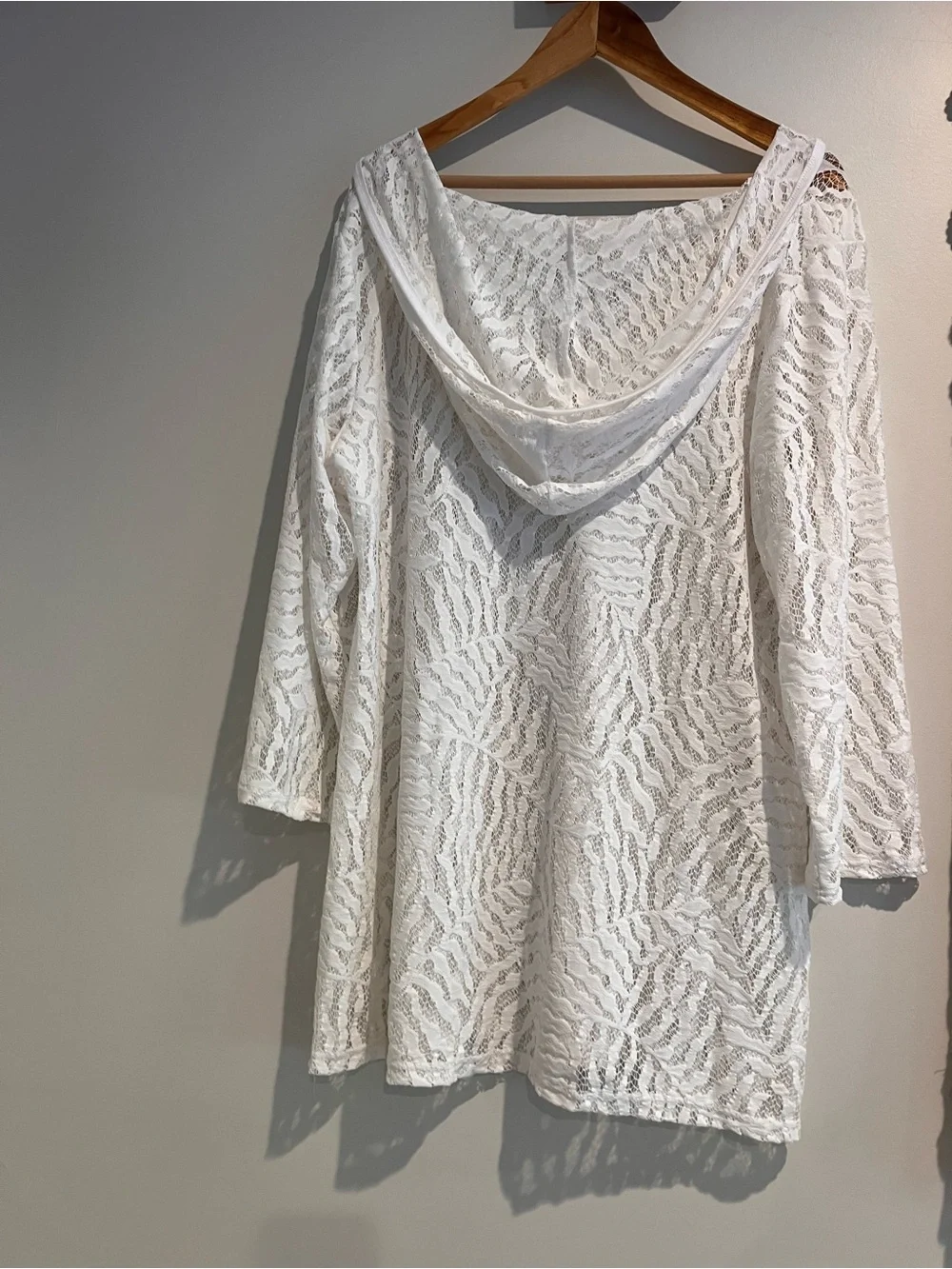 Dotti White Lace Semi Sheer  Cover Up XL Tunic Dress Hooded Long Sleeves